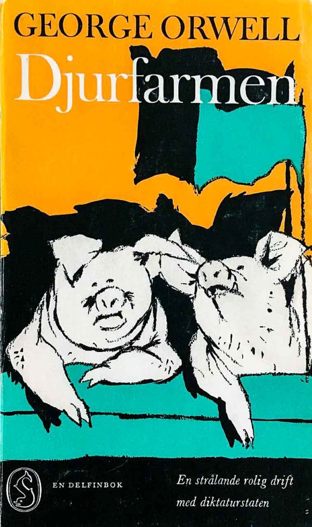 Två grisar som hänger och slänger med fanor vajande i bakgrunden.