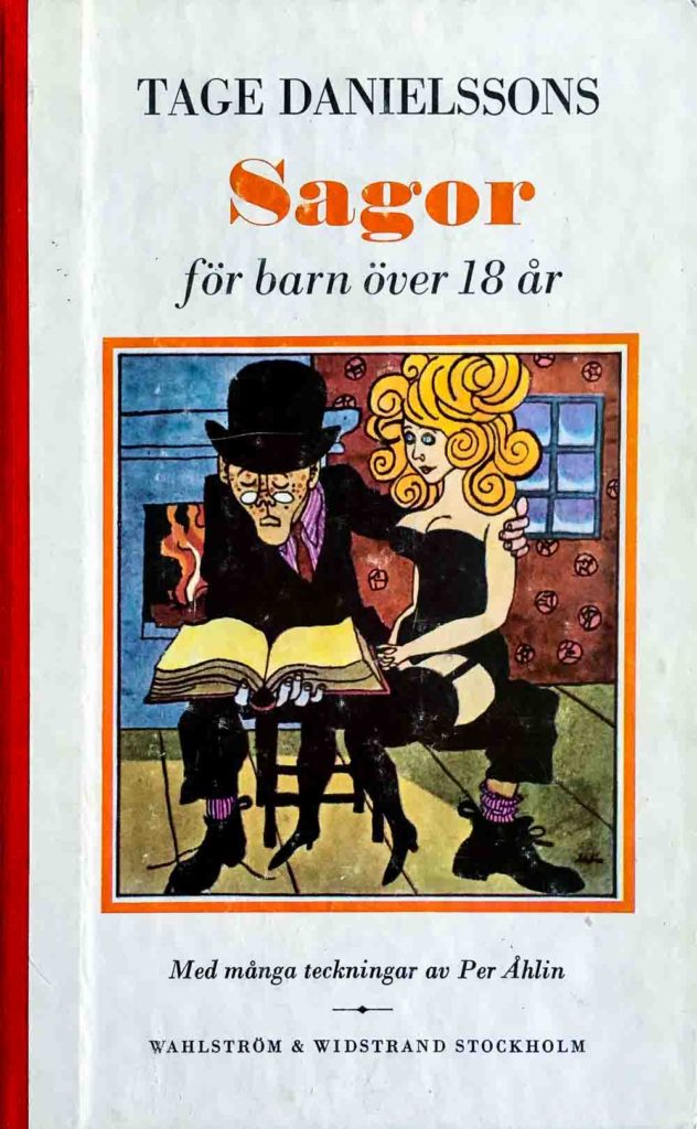 Illustration över en man med plommonstop som har en bok och en tjej i knät