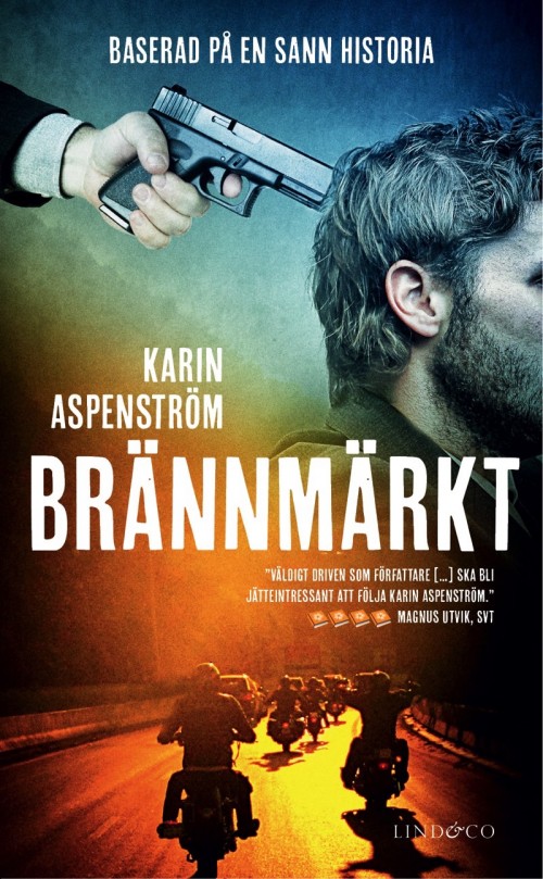 Man med pistol mot sitt huvud, bokomslag för brännmärkt av Karin Aspenström